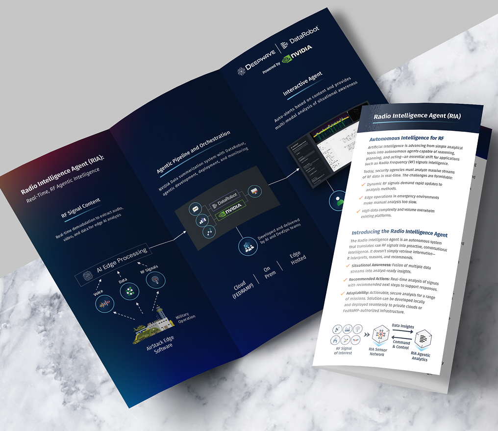 A tri-fold brochure for Deepwave sits open on a marble surface. It details the "Radio Intelligence Agent (RIA)" using a dark blue gradient background, text, and icons. Another closed brochure sits on top.