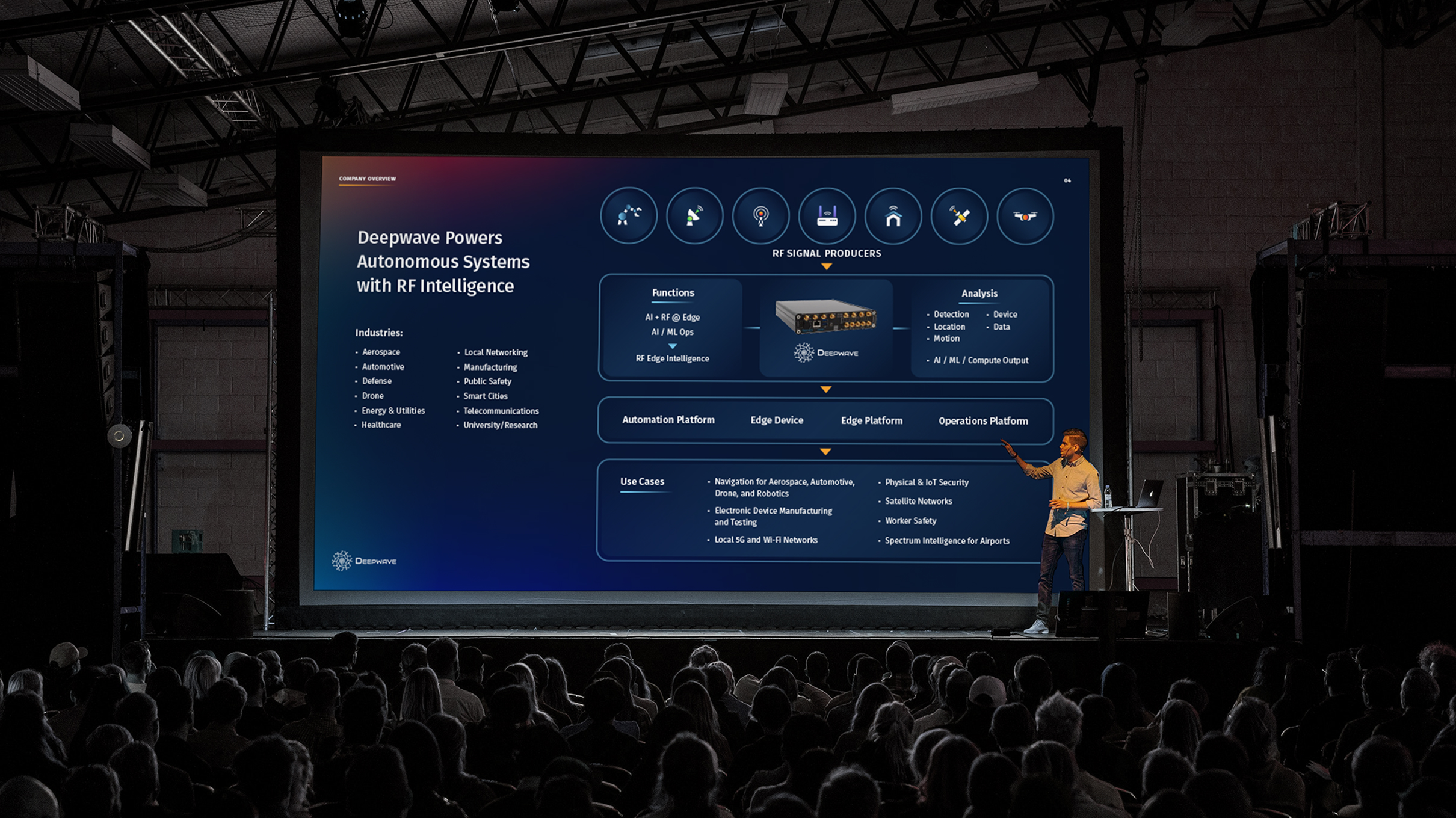 A speaker presents on stage to an audience, with a large screen displaying information about Deepwave's autonomous systems and RF intelligence.