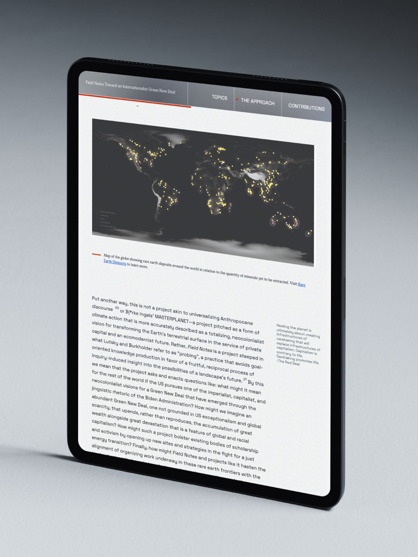 Tablet displaying "The Approach" page from the Field Notes Towards an Internationalist Green New Deal website, featuring a world map with yellow highlights and text underneath.